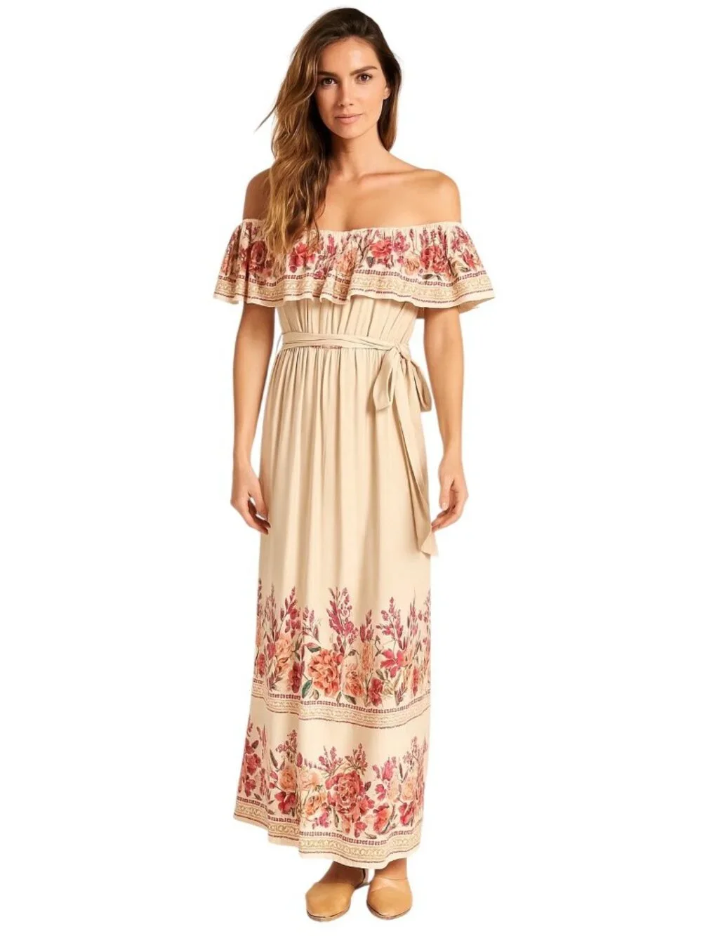 Emily Wonder Maxi Dress Beige Size L NWT Bohemian Cottagecore Spring Wedding